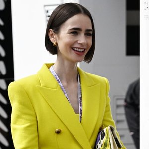 Lily Collins Turns Heads in Bold Blazer and Purple Heels While Filming 'Emily in Paris' Finale