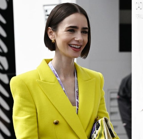 Lily Collins Turns Heads in Bold Blazer and Purple Heels While Filming 'Emily in Paris' Finale