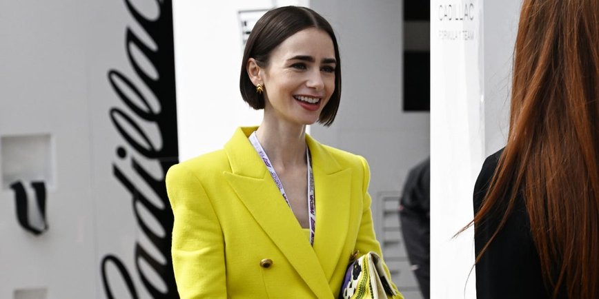 Lily Collins Turns Heads in Bold Blazer and Purple Heels While Filming 'Emily in Paris' Finale